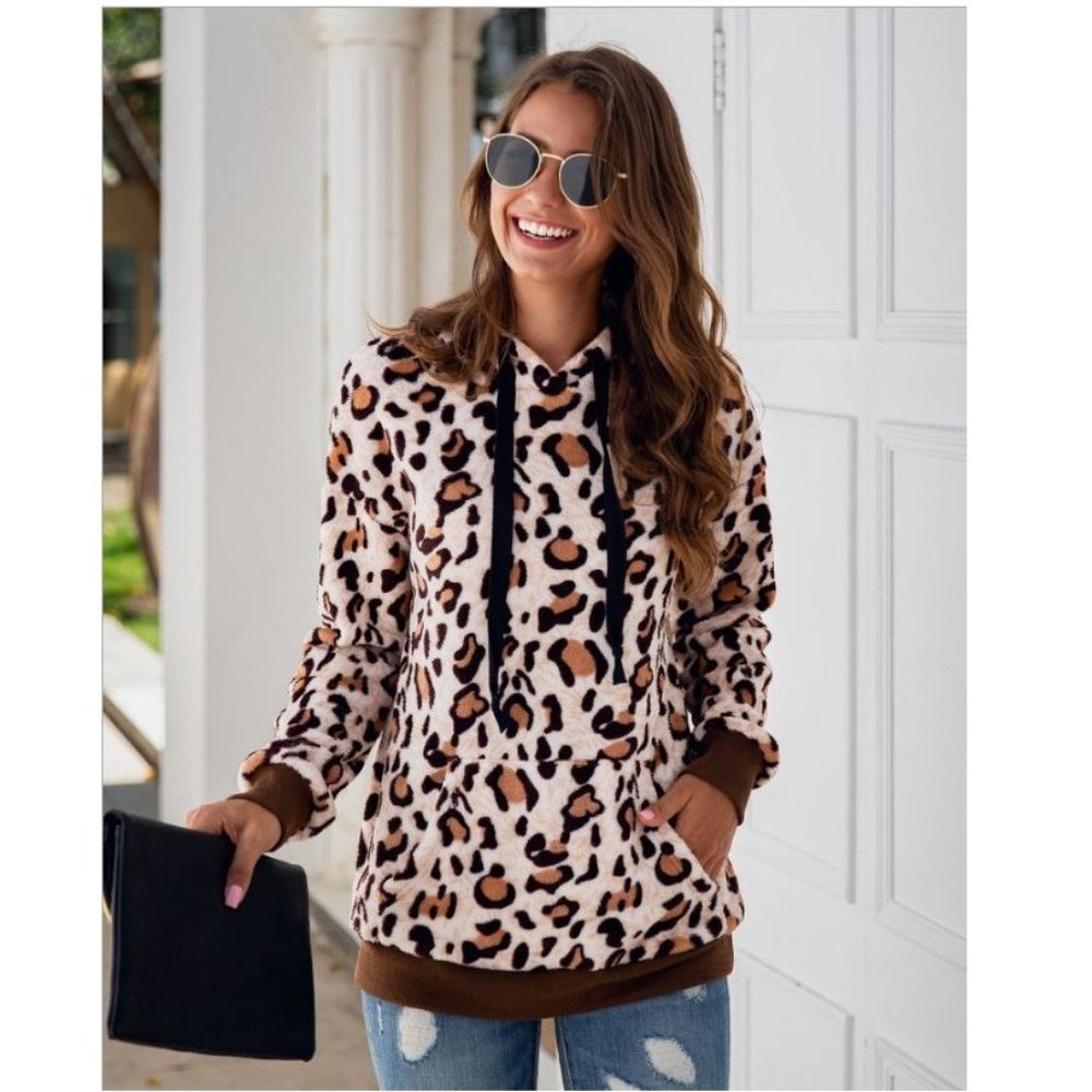 $10   Leopard Pockets Drawstring Hooded Sweater(SS022)